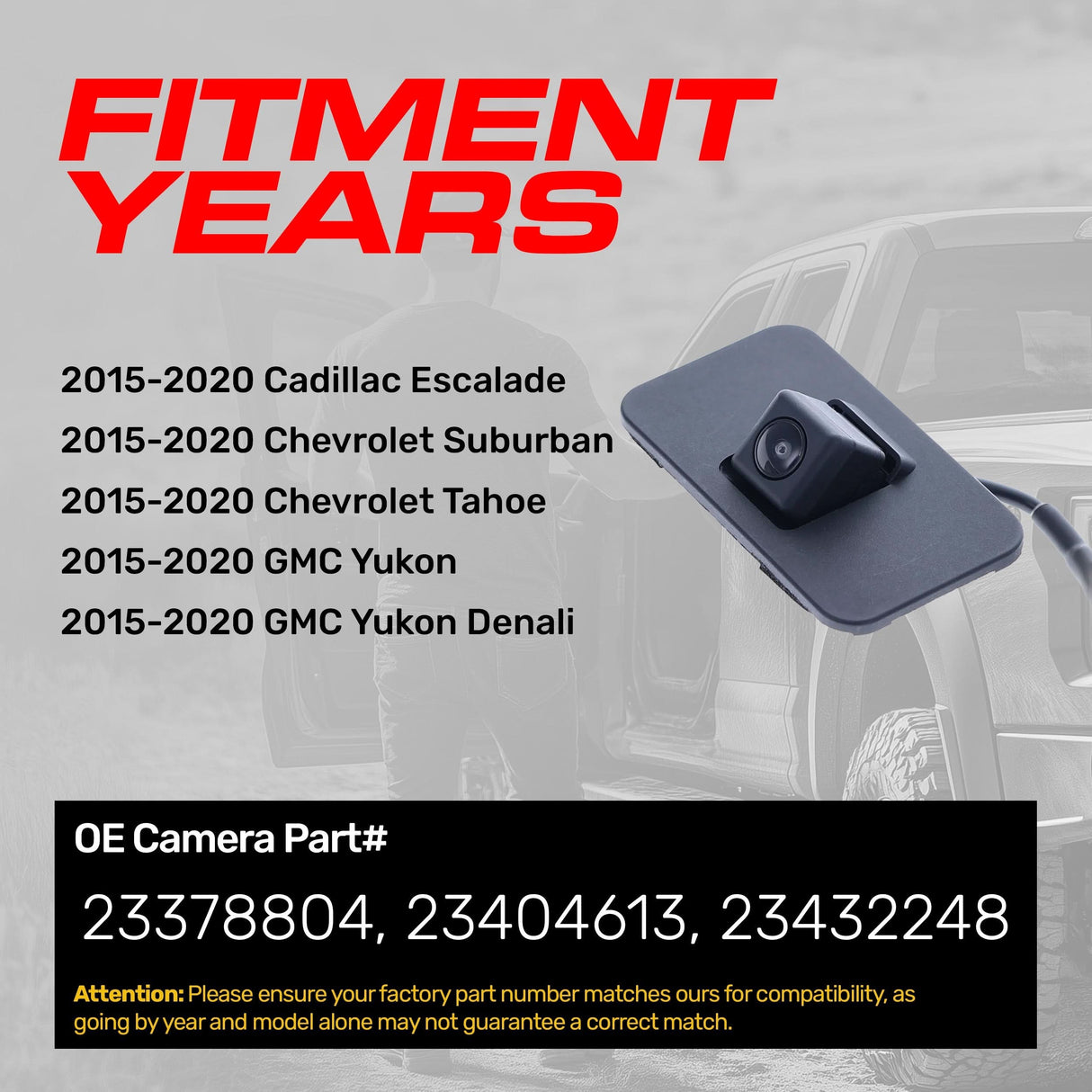 Cadillac Escalade (2015-2020) / Chevrolet Suburban (2015-2020), Tahoe (2015-2020) / GMC Yukon (2015-2020), Yukon Denali (2015-2020) OEM Replacement Backup Camera OE Part # 23378804, 23404613, 23432248