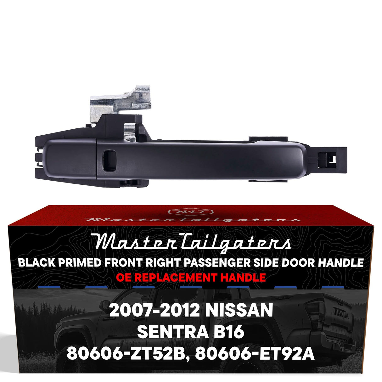 Exterior Door Handle Black Primed Replacement for Nissan Sentra B16 (2007-2012) (Smart Entry System w/o Sensor) OE Part # 80606-ZT52B, 80606-ET92A | Front Right Passenger Side w/o Keyhole
