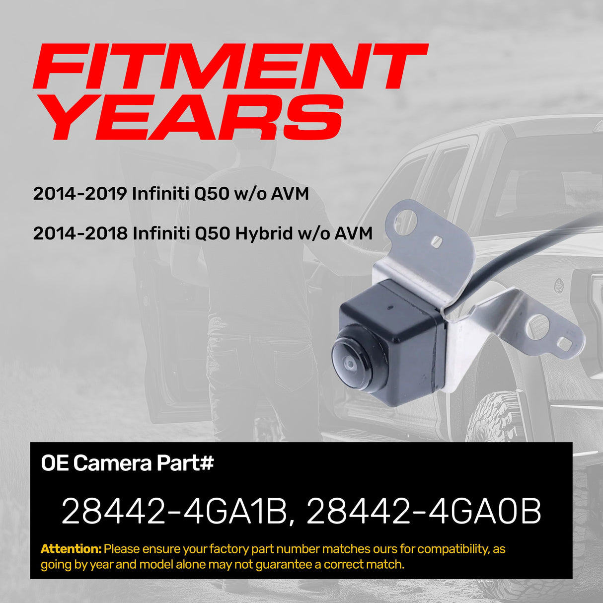Infiniti Q50 w/o AVM (2014-2019), Q50 Hybrid w/o AVM (2014-2018) OEM Replacement Backup Camera OE Part # 28442-4GA1B, 28442-4GA0B