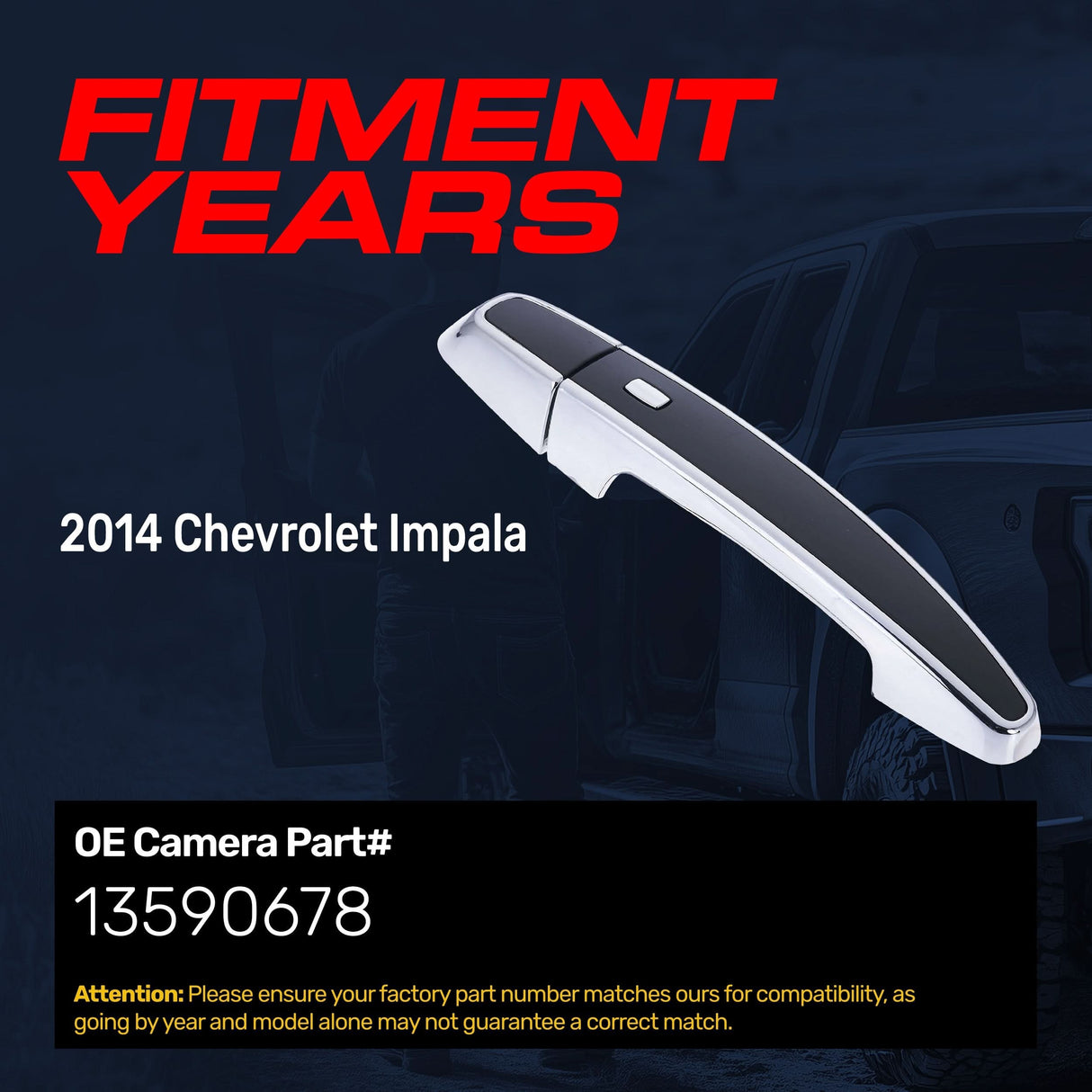 Exterior Door Handle Black/Chrome Replacement for Chevrolet Impala (2014) OE Part # 13590678 | Front Left Driver Side