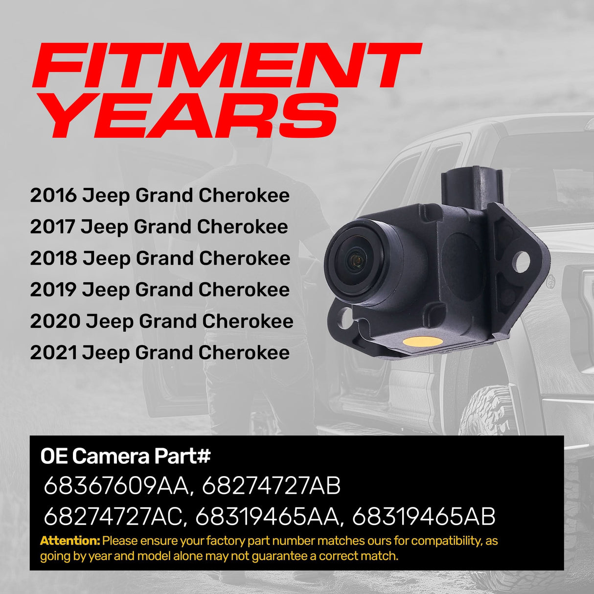 Jeep Grand Cherokee (2016-2021) OEM Replacement Backup Camera OE Part # 68367609AA, 68274727AB, 68274727AC, 68319465AA, 68319465AB