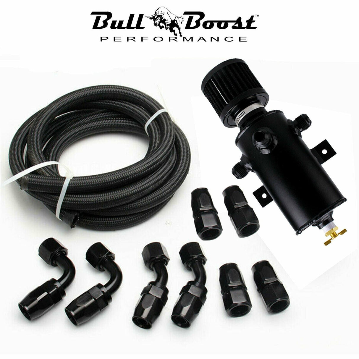 Pro Series Baffled 10AN Oil Catch Can Hose Kit and Fittings Universal AN10 3PORT