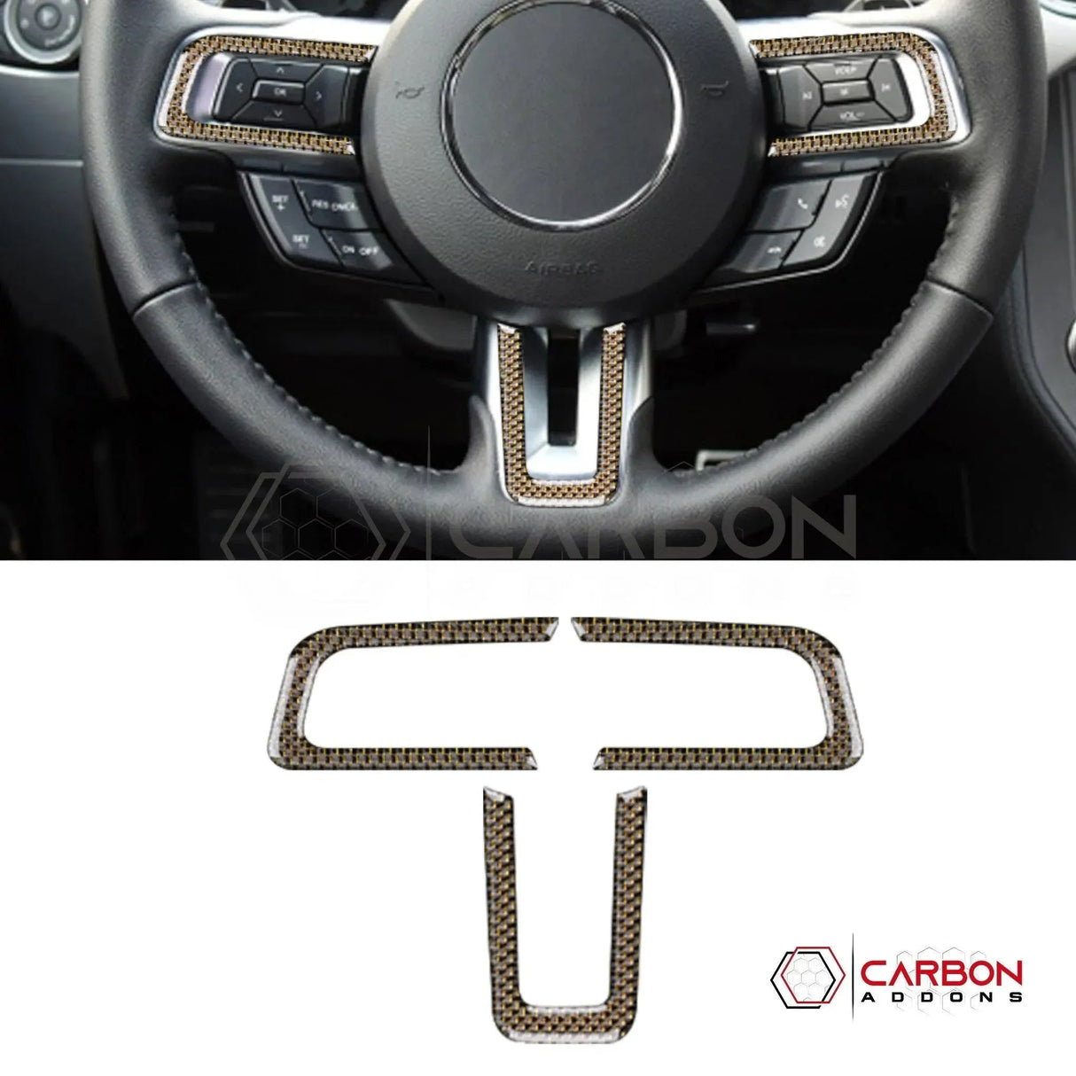 Reflective Carbon Fiber Steering Wheel Chrome Trim Overlay for 2015–2023 Ford Mustang