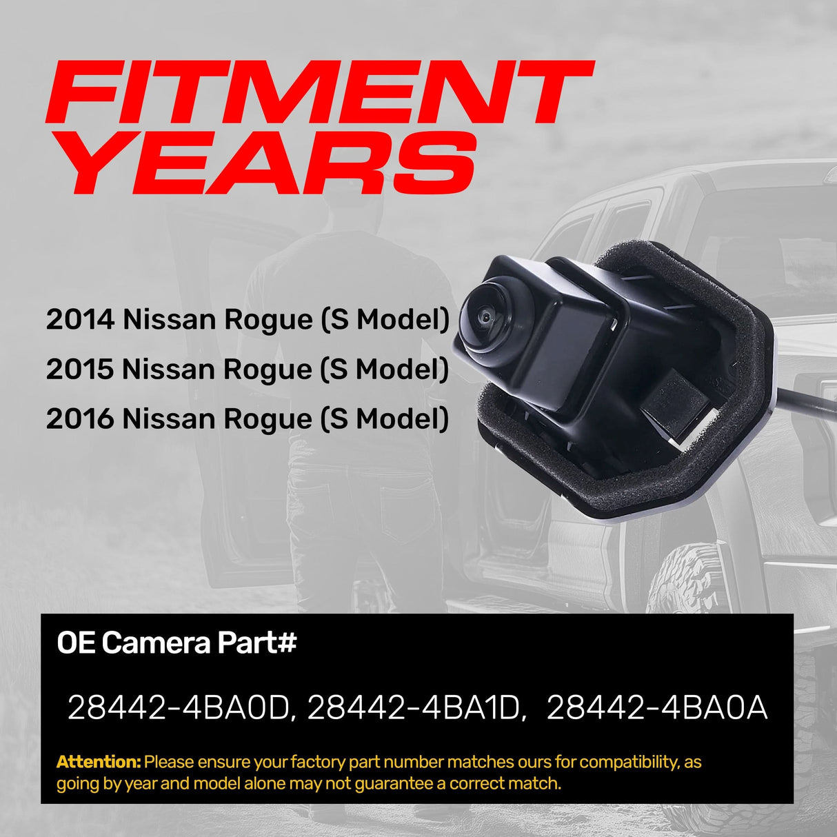 Nissan Rogue S Model (2014-2016) OEM Replacement Backup Camera OE Part # 28442-4BA0D, 28442-4BA1D, 28442-4BA0A