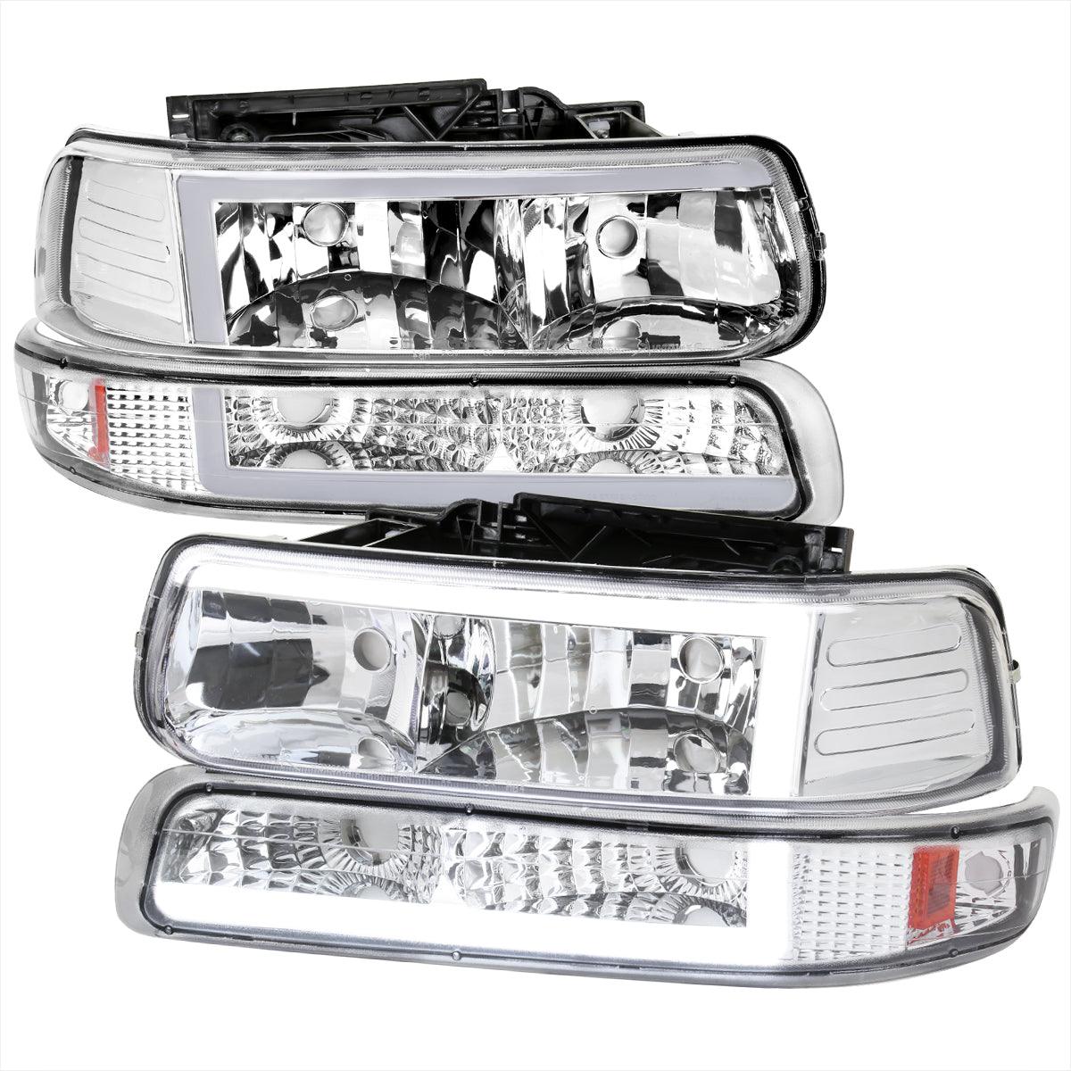 Spec-D Euro Headlights Silverado (99-02) Tahoe / Suburban (00-06) w/ LED Bar - Black/Chrome