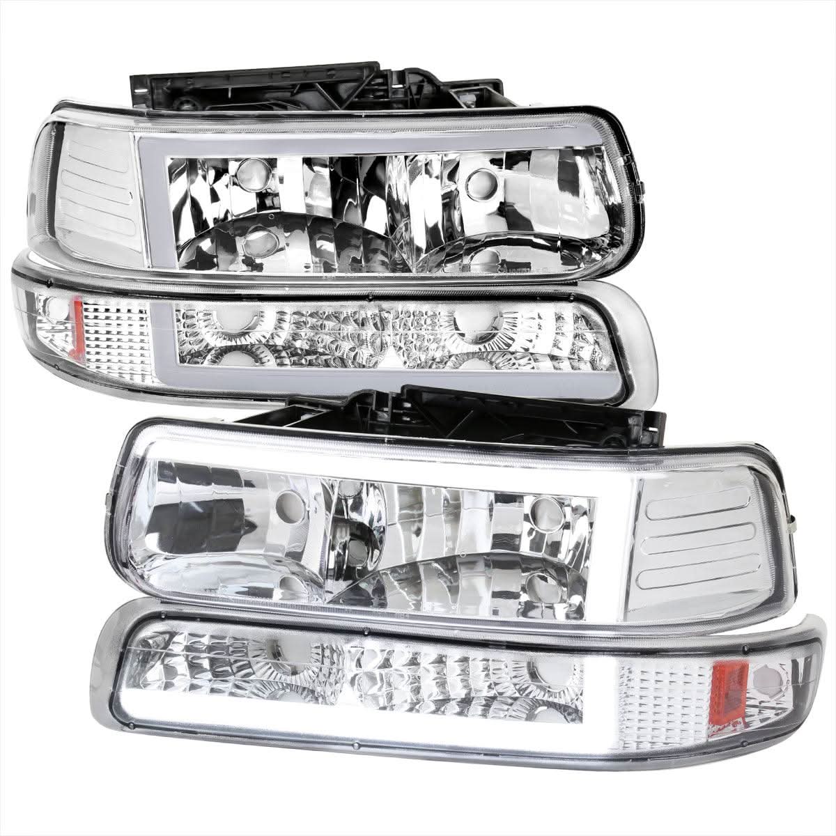 Spec-D Euro Headlights Silverado (99-02) Tahoe / Suburban (00-06) w/ LED Bar - Black/Chrome