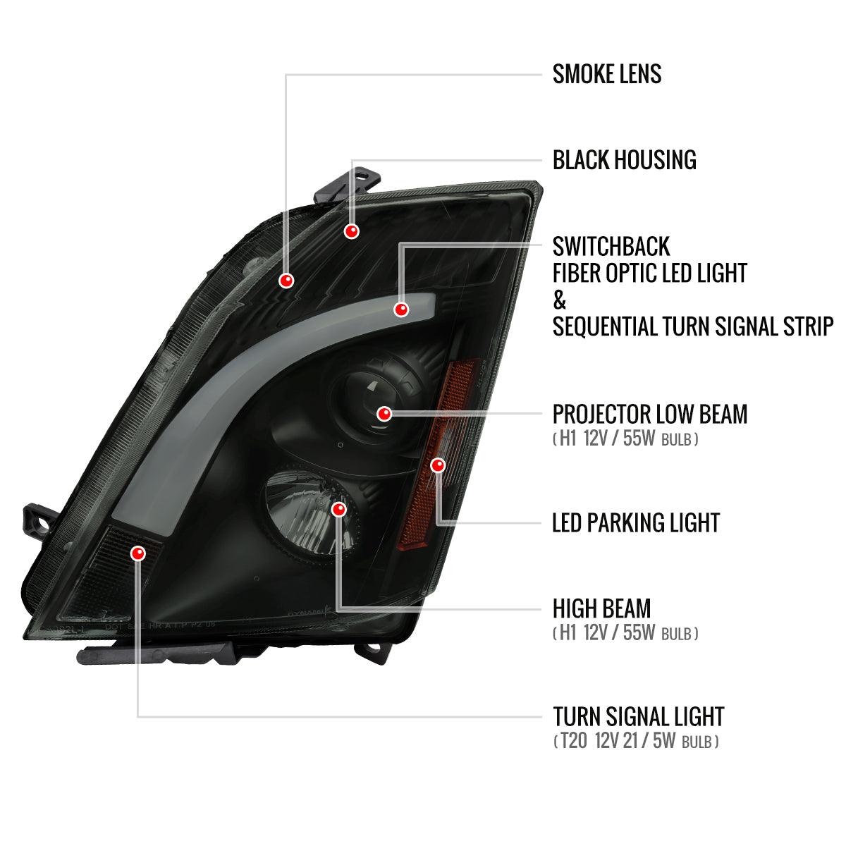 Projector Headlights Cadillac CTS (2008-2014) Sequential Switchback LED DRL - Black / Chrome / Smoked - K2 Industries