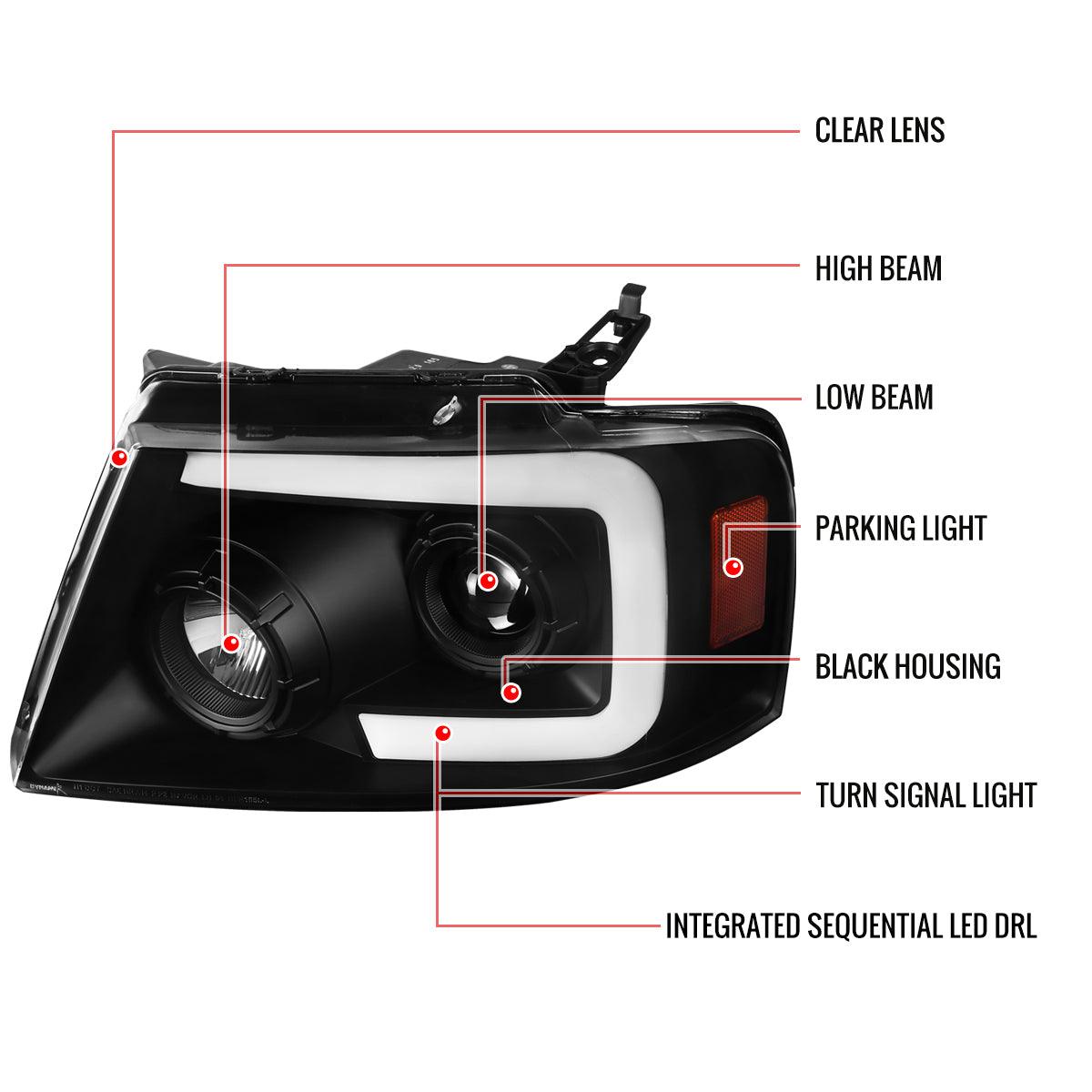 Spec-D Projector Headlights Ford F150 (04-08) Sequential LED Bar - Black / Smoke Tint / Chrome