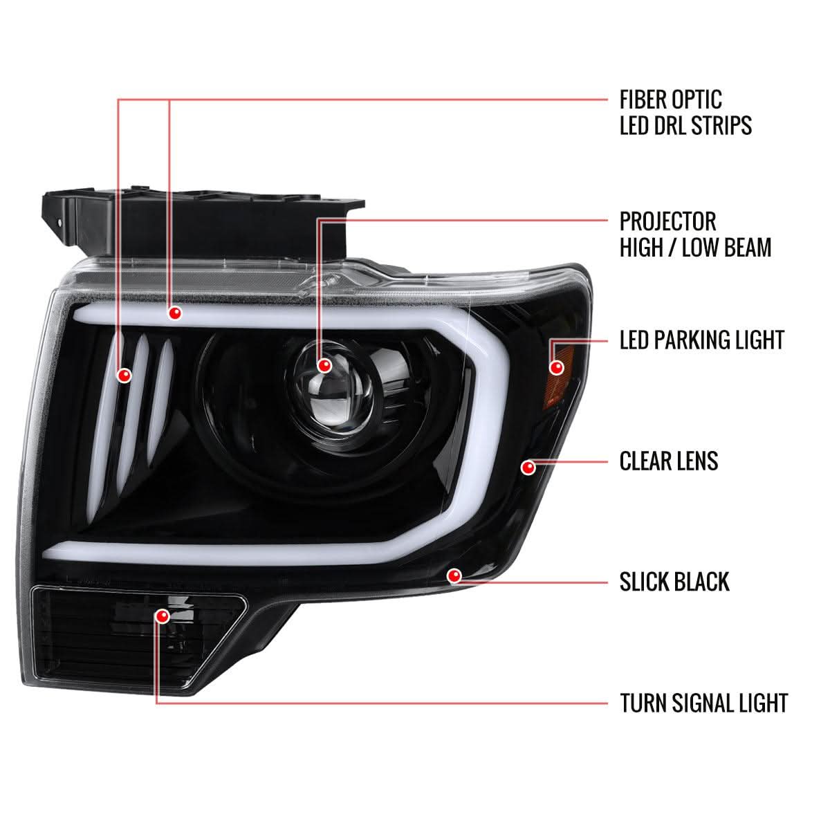 Spec-D Projector Headlights Ford F150 (2009-2014) w/ Triple Bar LED C-Light - Black / Chrome