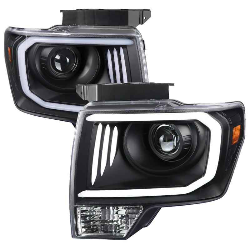Spec-D Projector Headlights Ford F150 (2009-2014) w/ Triple Bar LED C-Light - Black / Chrome