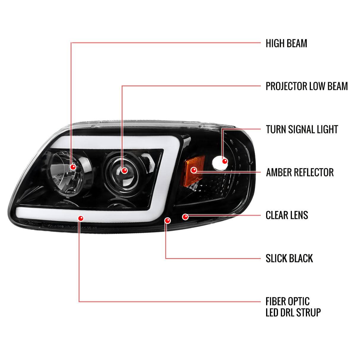 Spec-D Projector Headlights Ford F150 (1997-2003) DRL LED C-Bar - Black / Chrome