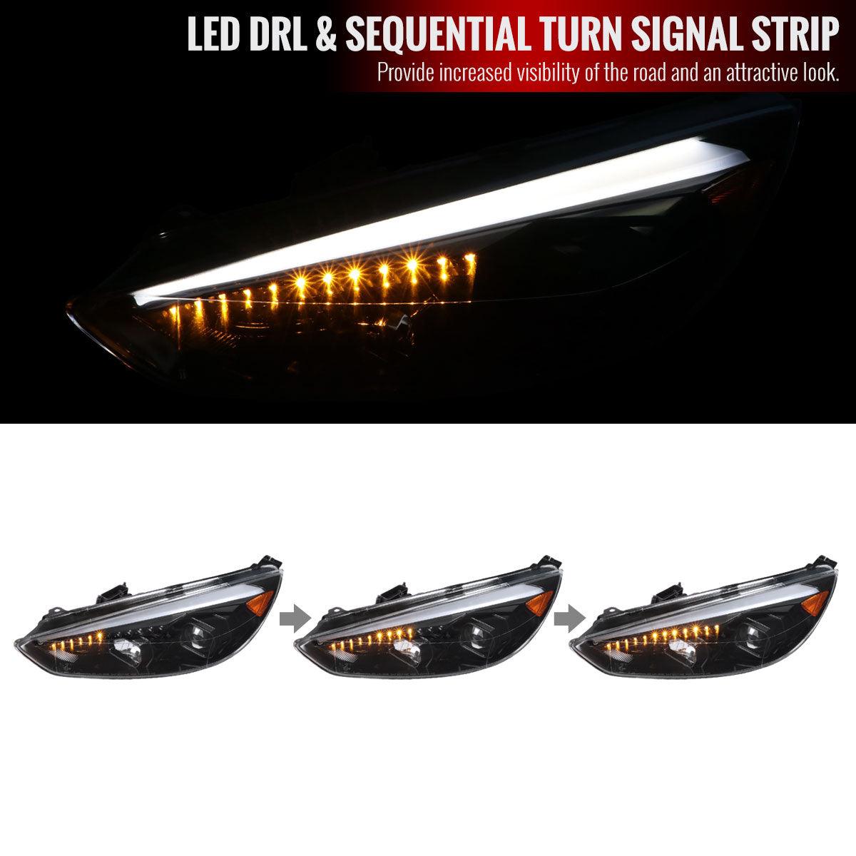 Spec-D Projector Headlights Ford Focus (15-16-17) Sequential Turn Signal w/ LED DRL Bar - Black / Chrome
