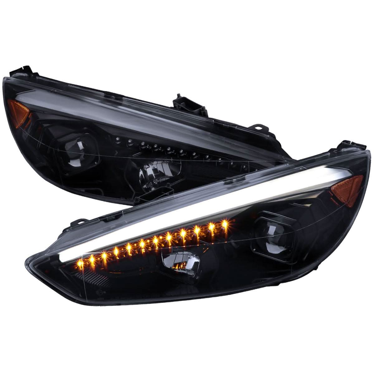 Spec-D Projector Headlights Ford Focus (15-16-17) Sequential Turn Signal w/ LED DRL Bar - Black / Chrome