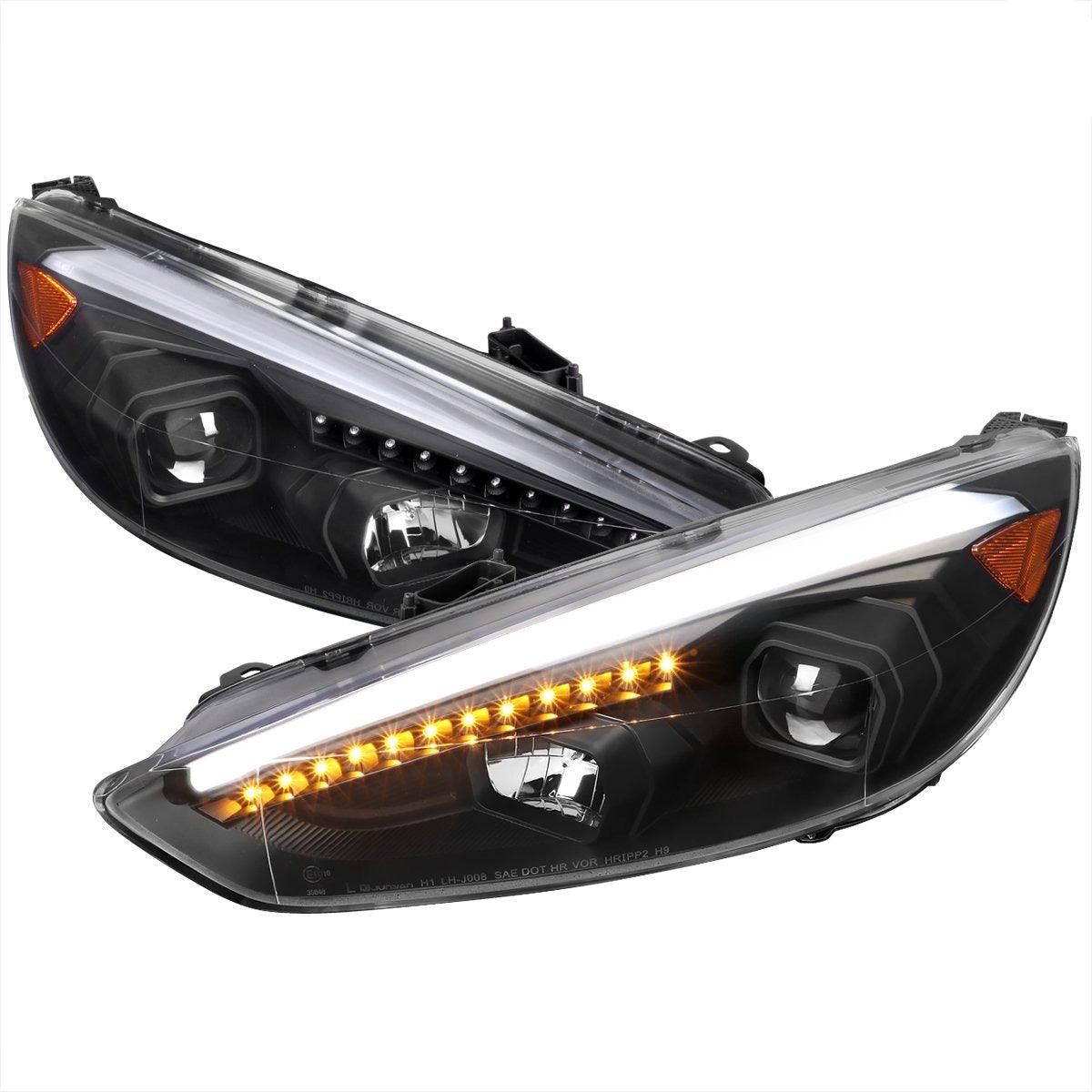 Spec-D Projector Headlights Ford Focus (15-16-17) Sequential Turn Signal w/ LED DRL Bar - Black / Chrome