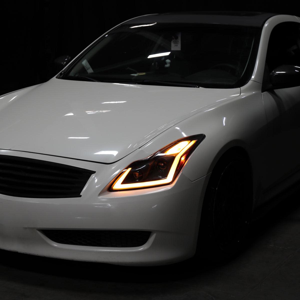 Infiniti G37 Coupe Projector Headlights with DRL LED Sequential Signal - Black / Chrome / Smoked (2008 - 2013) - K2 Industries