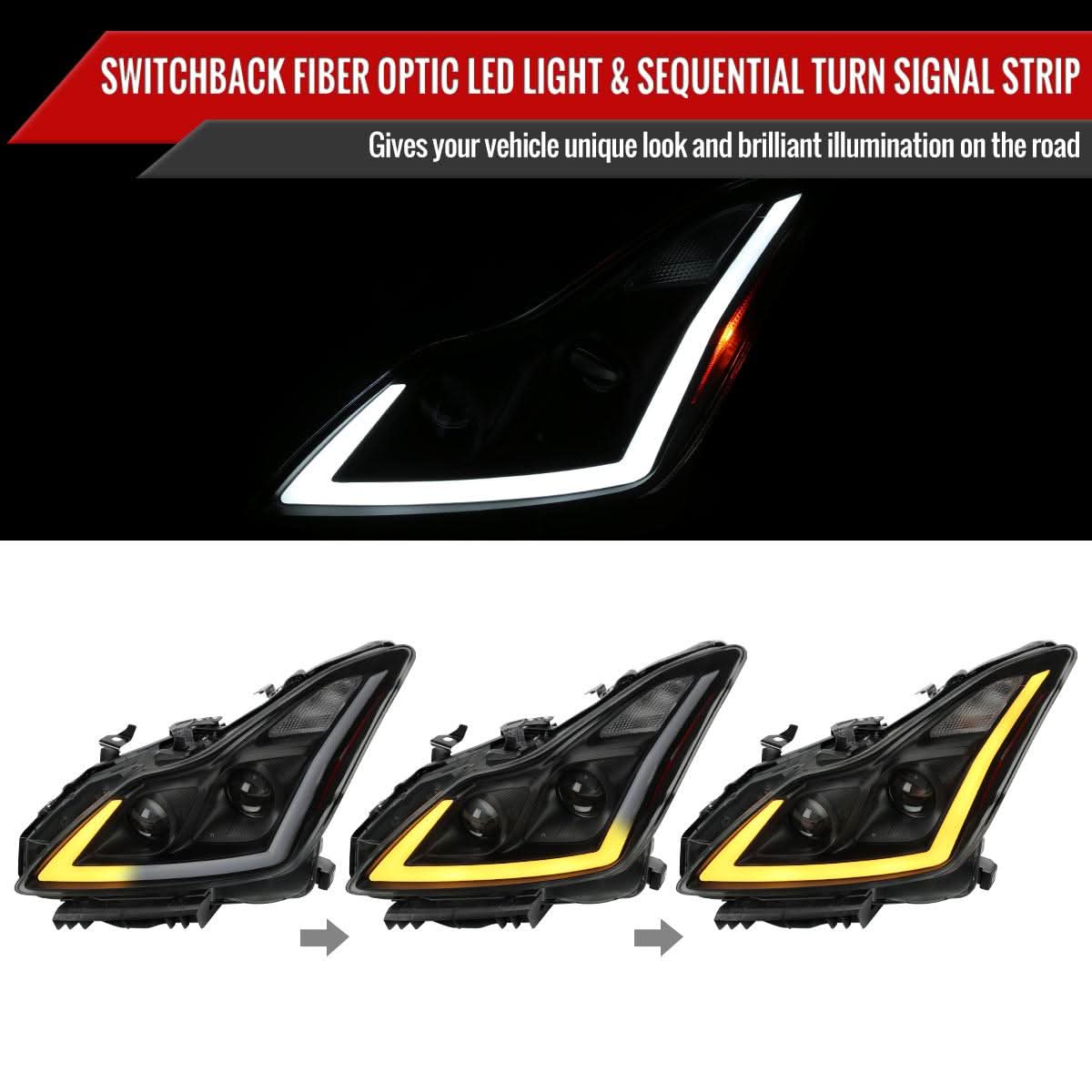 Infiniti G37 Coupe Projector Headlights with DRL LED Sequential Signal - Black / Chrome / Smoked (2008 - 2013) - K2 Industries