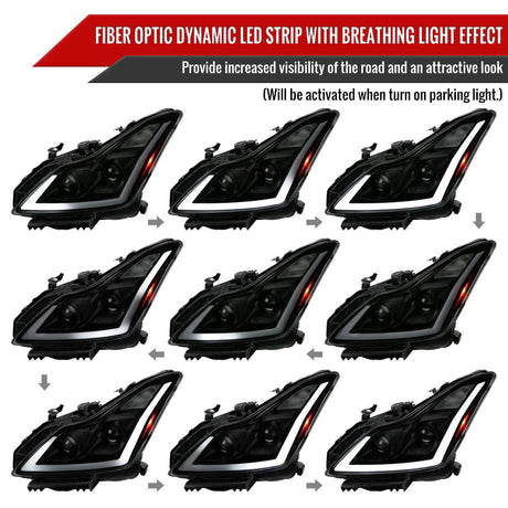 Infiniti G37 Coupe Projector Headlights with DRL LED Sequential Signal - Black / Chrome / Smoked (2008 - 2013) - K2 Industries