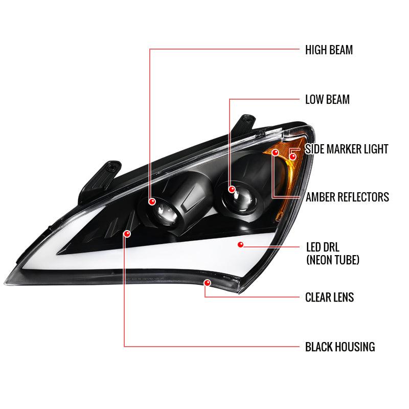 Hyundai Genesis Coupe with Projector and Sequential Turn Signal - Black Headlights (2010-2012) - K2 Industries