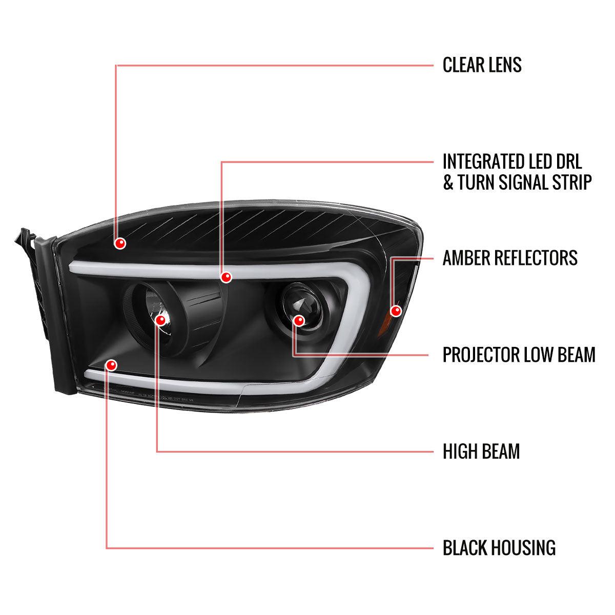 Spec-D Projector Headlights Dodge Ram 1500 (06-08) 2500/3500 (06-09) LED DRL C-Bar Black/Smoked