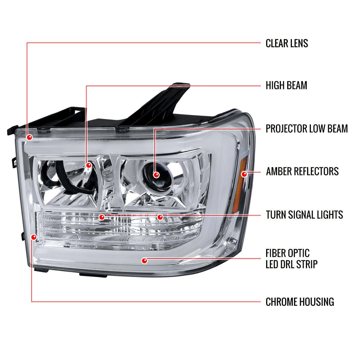 Spec-D Projector Headlights GMC Sierra 1500 (2007-2013) LED C-Bar -  Black / Chrome / Smoke