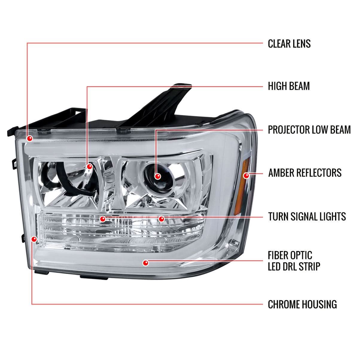 Spec-D Projector Headlights GMC Sierra 1500 (2007-2013) LED C-Bar - Black / Chrome / Smoke
