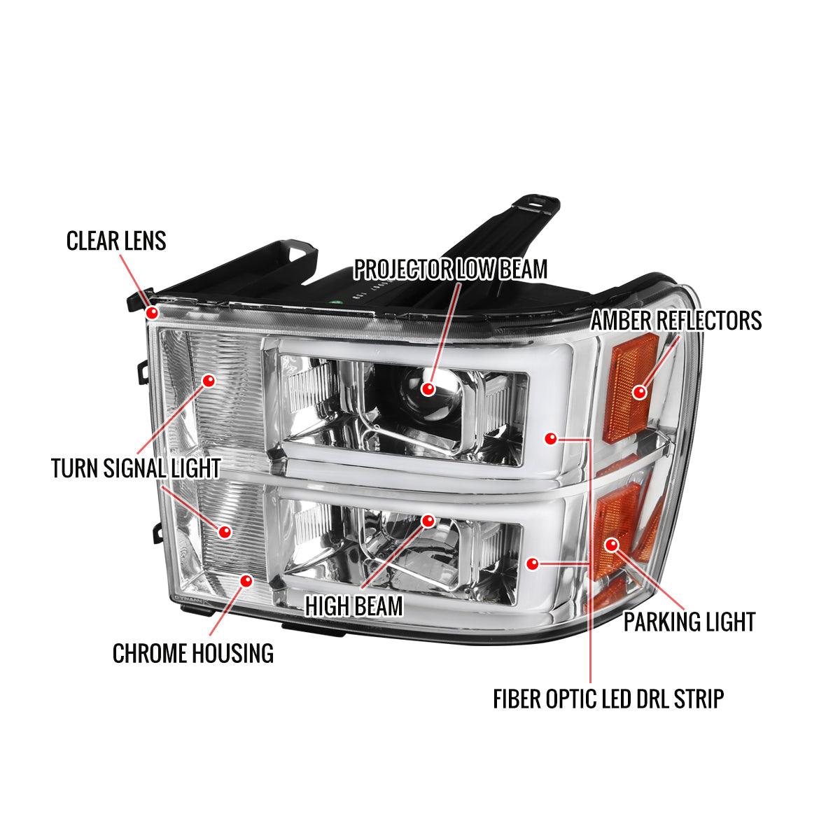 Spec-D Projector Headlights GMC Sierra (2007-2013) LED C Light Bar - Black / Chrome