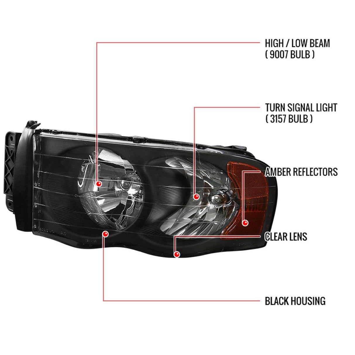 Spec-D OEM Replacement Headlights Ram 1500 (02-05) 2500/3500 (03-05) Clear / Black / Smoke Lens