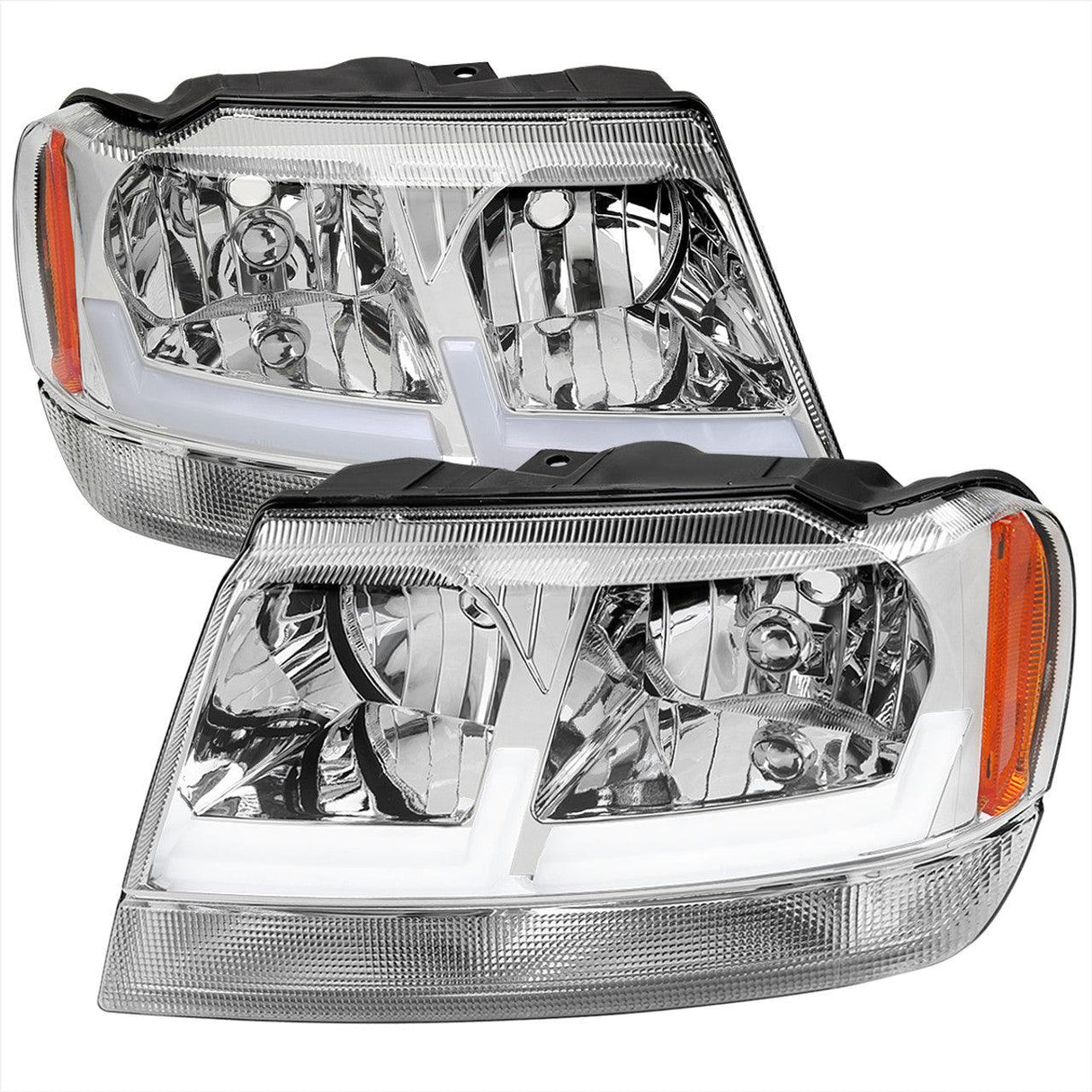 Spec-D Headlights Jeep Grand Cherokee (99-04) w/ Dual DRL LED Bars Chrome / Smoke / Black