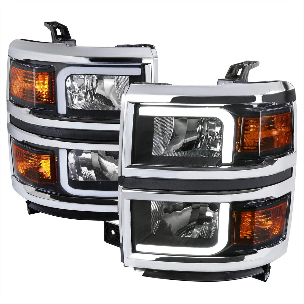 Spec-D Projector Headlights Chevy Silverado (2014-2015) LED Bar - Black / Chrome