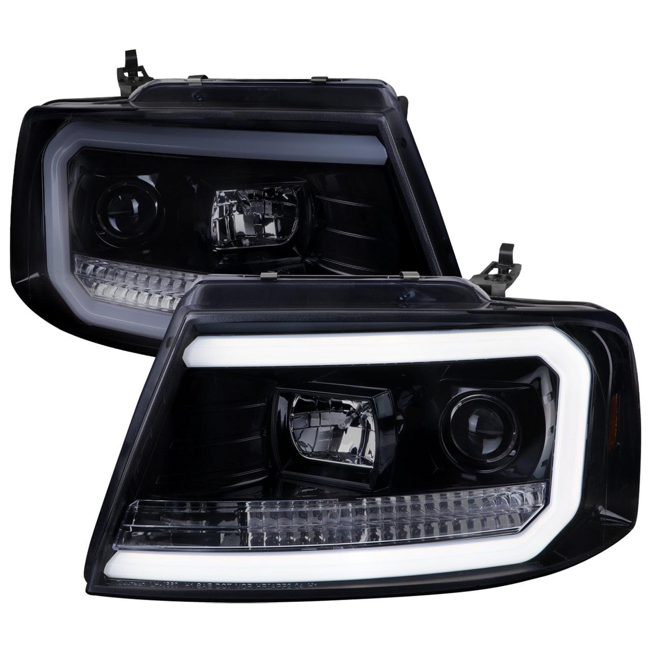 Spec-D Projector Headlights Ford F150 (04-08) Mark LT (06-08) C-Bar LED - Black / Smoke Tint / Chrome