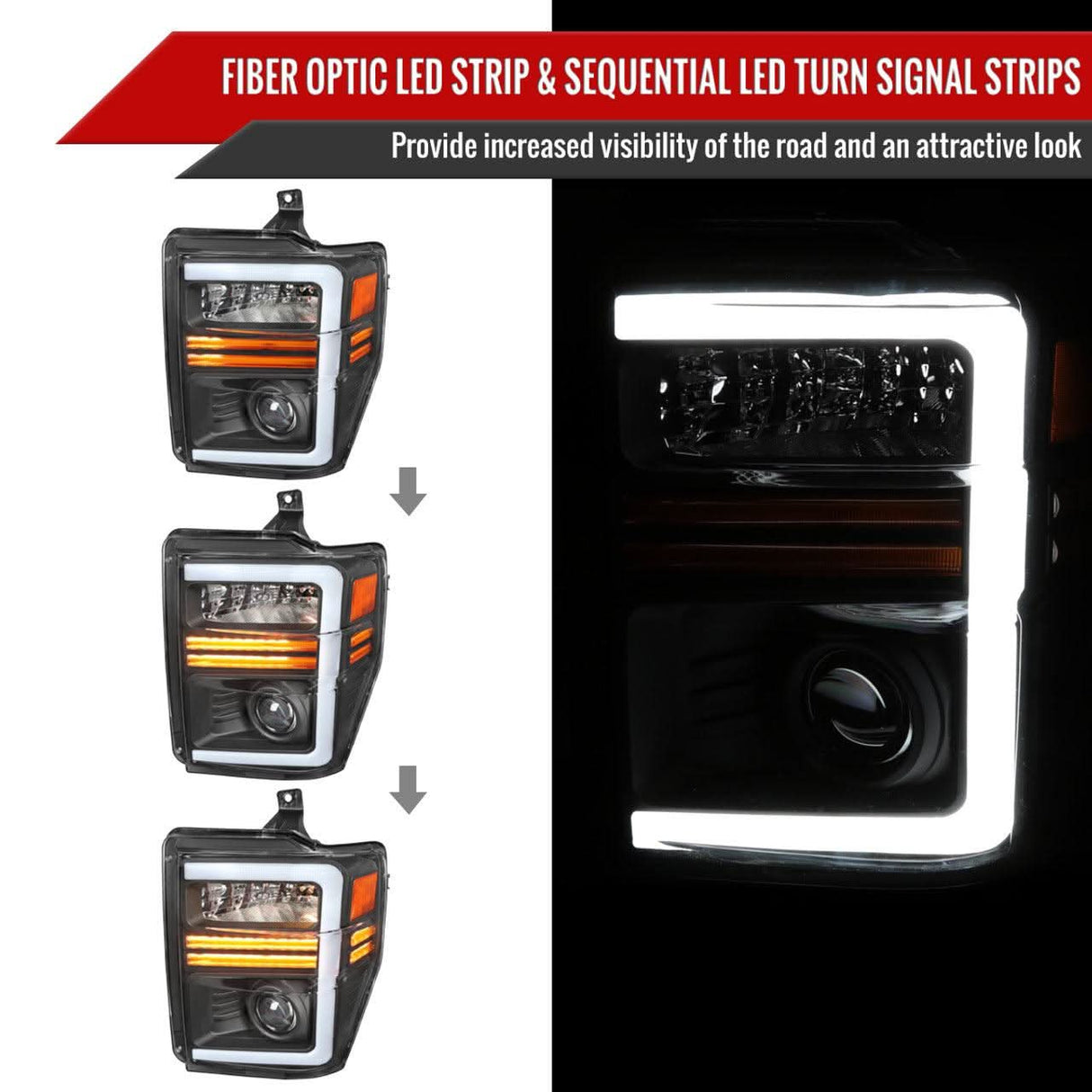 Spec-D Projector Headlights Ford F250 F350 F450 (2008-2010) Sequential LED Light Bar - Black / Chrome