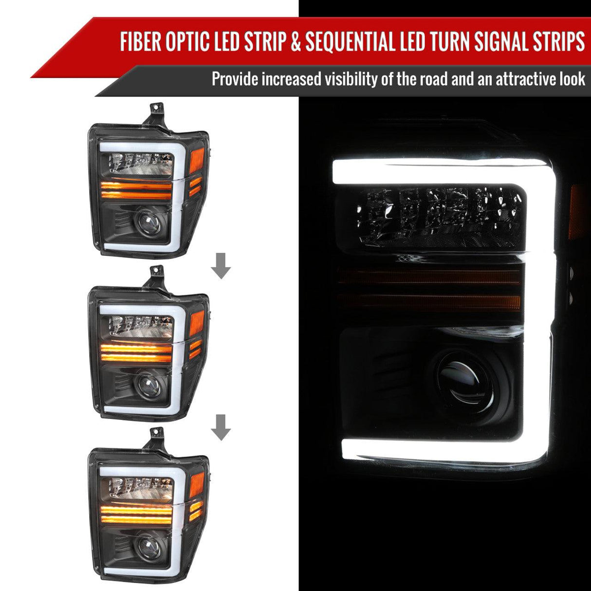 Spec-D Projector Headlights Ford F250 F350 F450 (2008-2010) Sequential LED Light Bar - Black / Chrome