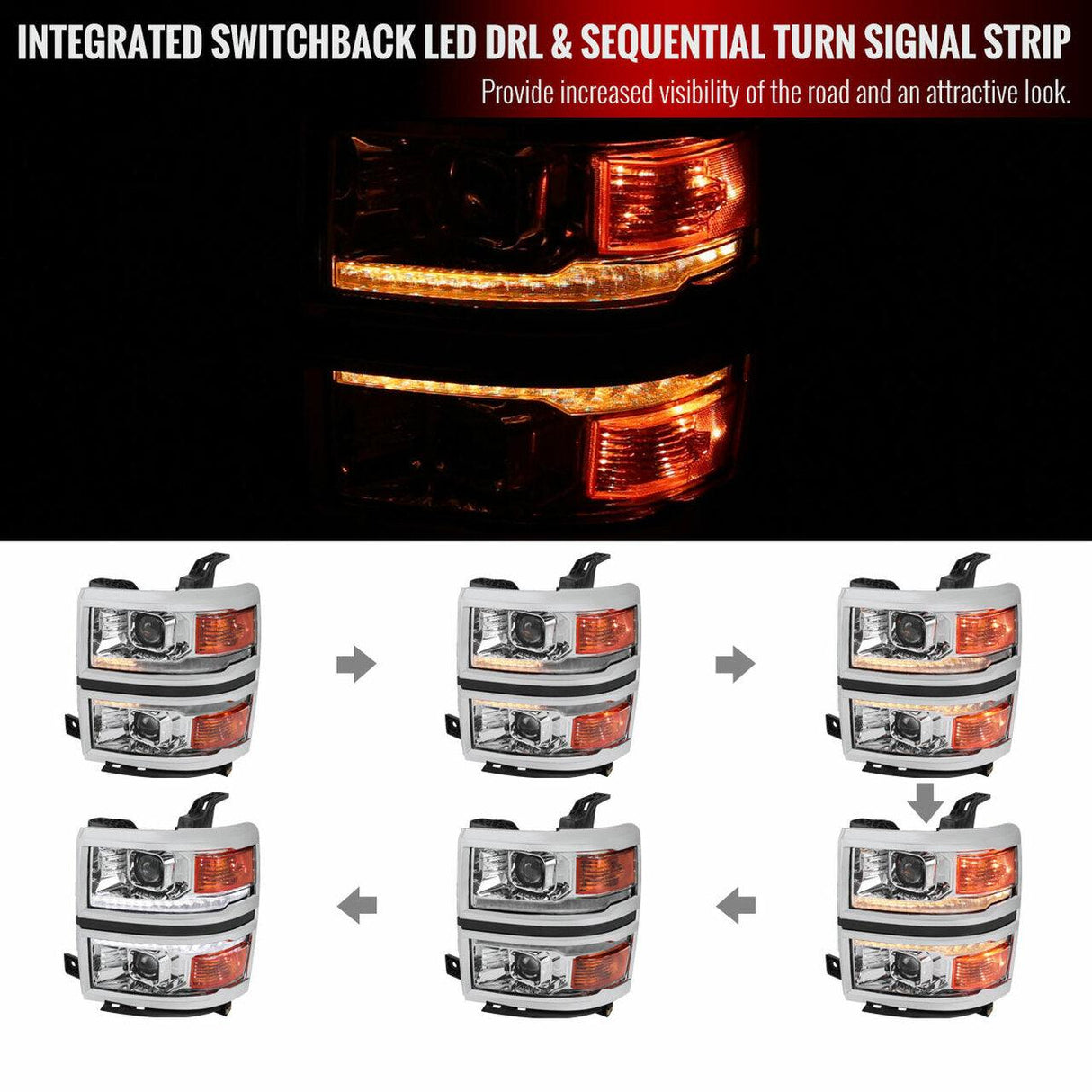 Spec-D Projector Headlights Silverado (14-15) Switchback Sequential w/ LED Bar - Black / Chrome