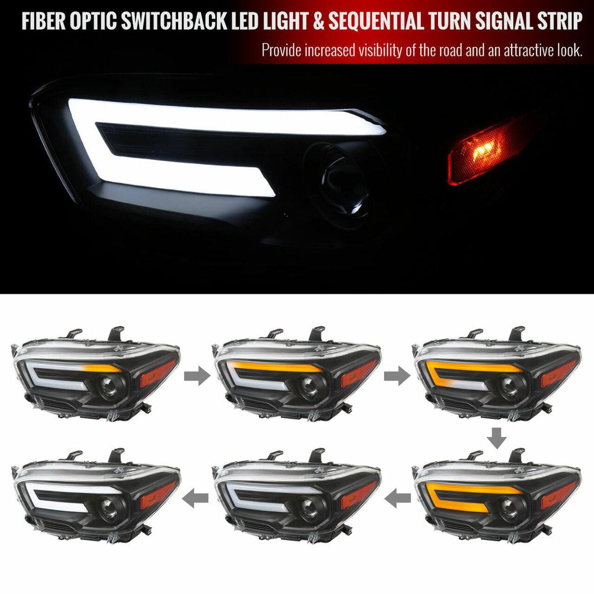 Spec-D Projector Headlights Toyota Tacoma (2016-2022) Switchback Sequential LED DRL - Black / Chrome / Smoked