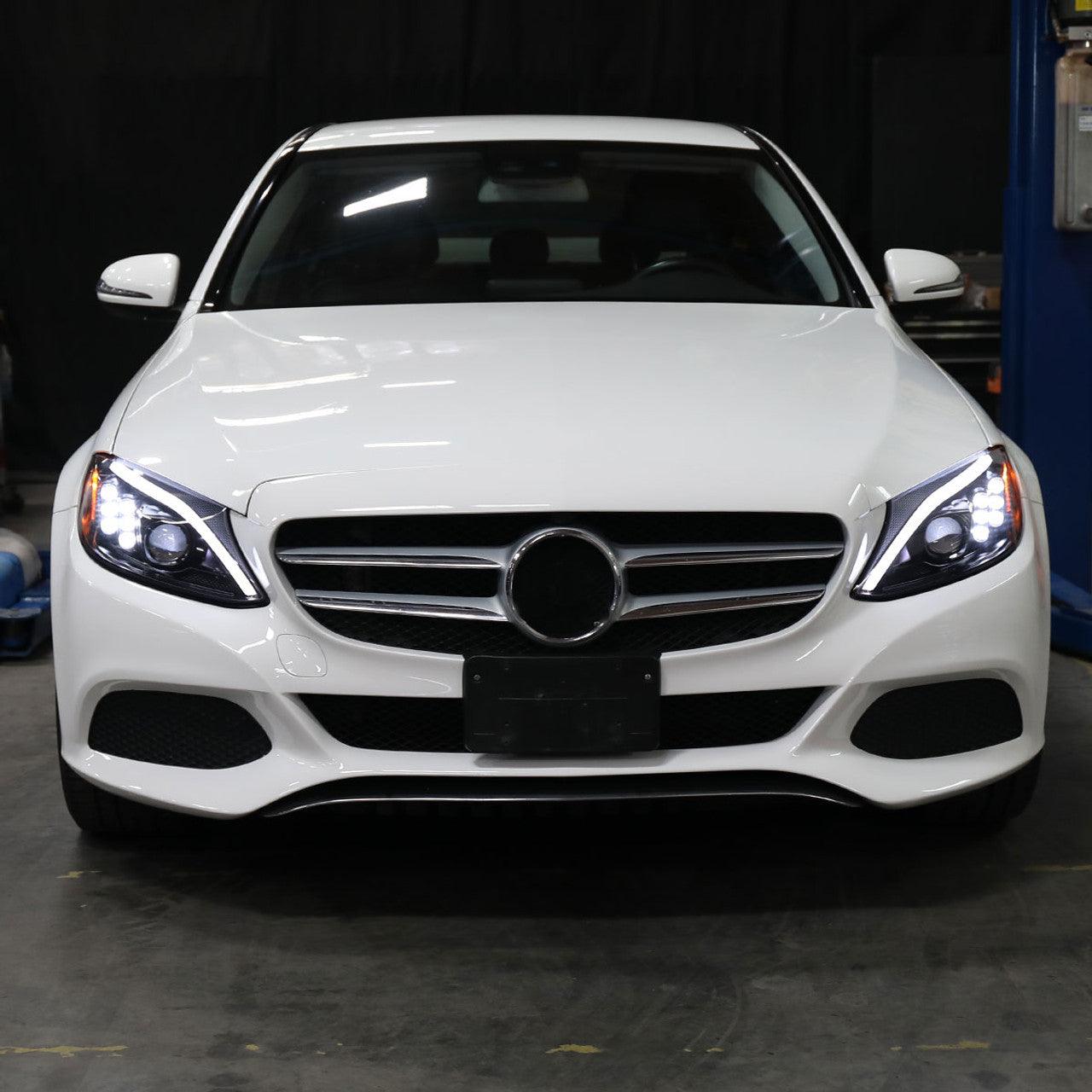 Mercedes C250 C300 C400 C450 Sedan W205 - Black / Chrome Projector Headlights LED DRL Bar (2015-2018) - K2 Industries