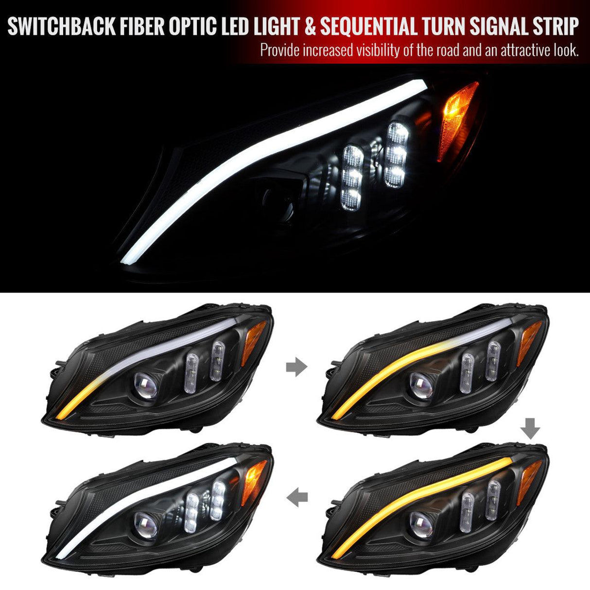 Mercedes C250 C300 C400 C450 Sedan W205 - Black / Chrome Projector Headlights LED DRL Bar (2015-2018) - K2 Industries