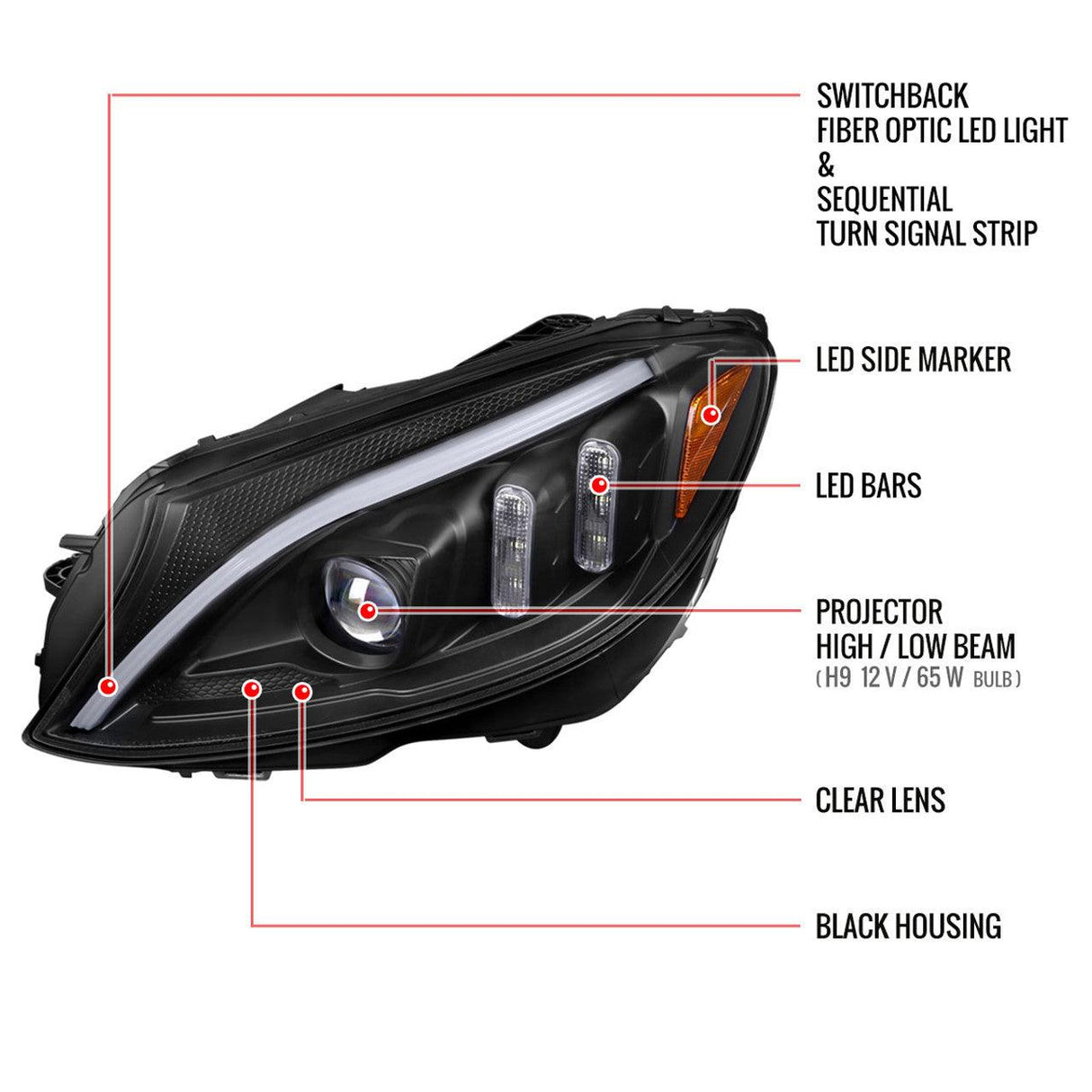 Mercedes C250 C300 C400 C450 Sedan W205 - Black / Chrome Projector Headlights LED DRL Bar (2015-2018) - K2 Industries