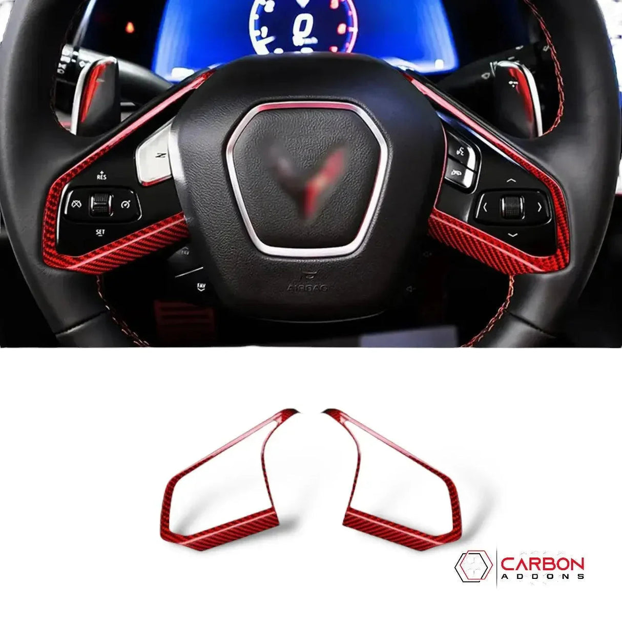 C8 Corvette Real Carbon Fiber Steering Wheel Chrome Trim Delete Covers | Interior Overlay (2020–2026)