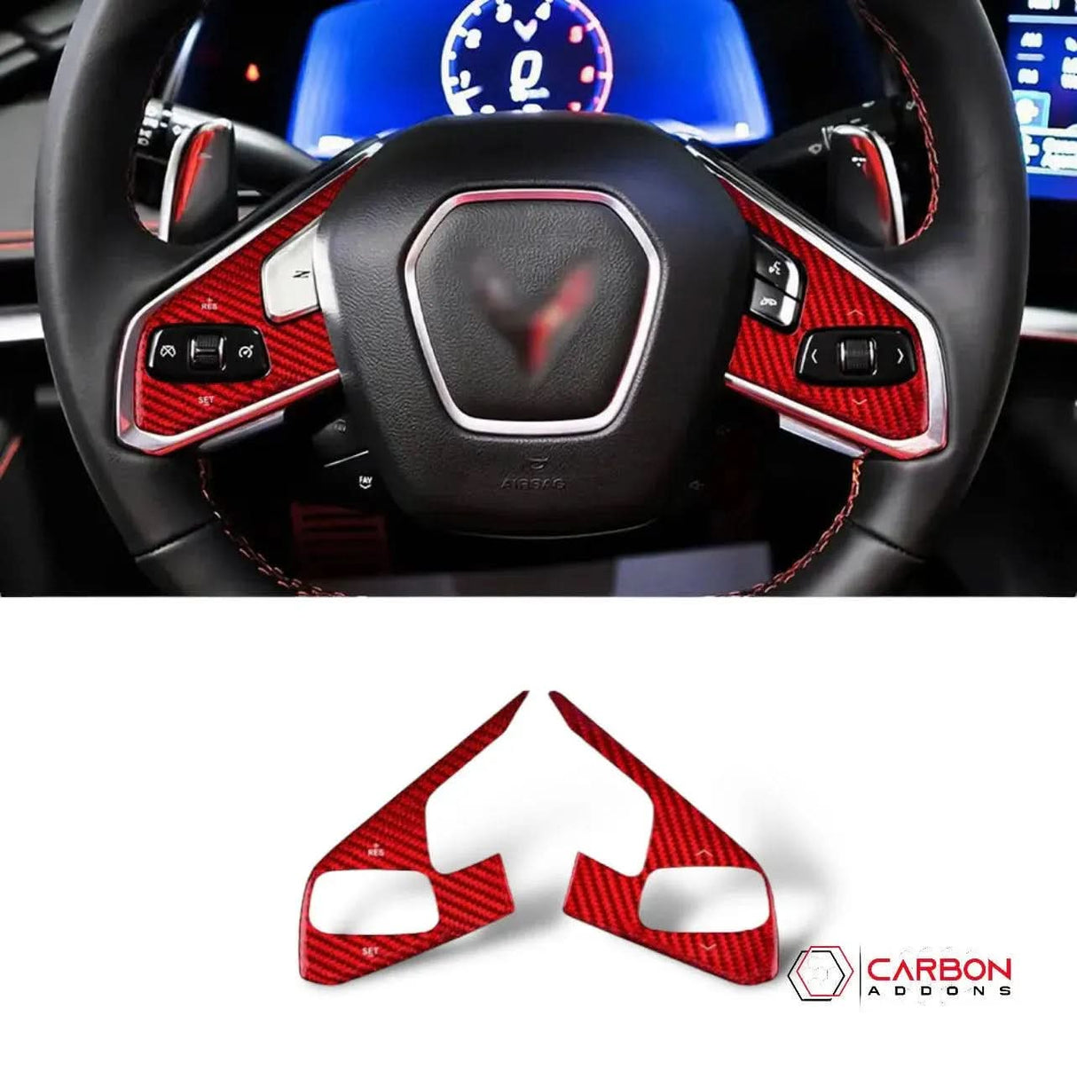 C8 Corvette Real Carbon Fiber Steering Wheel Button Trim Covers | Interior Overlay (2020–2026)