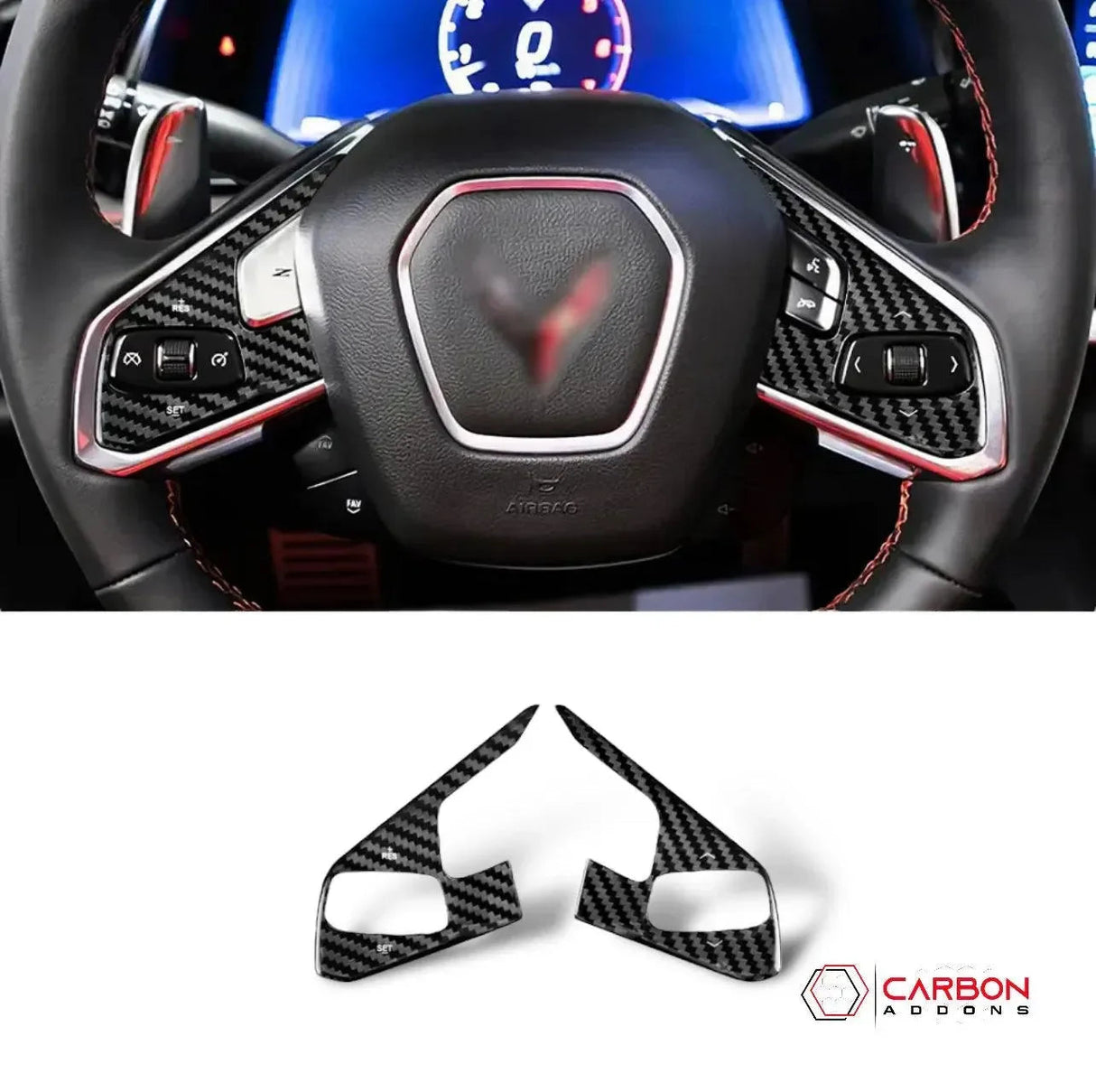 C8 Corvette Real Carbon Fiber Steering Wheel Button Trim Covers | Interior Overlay (2020–2026)
