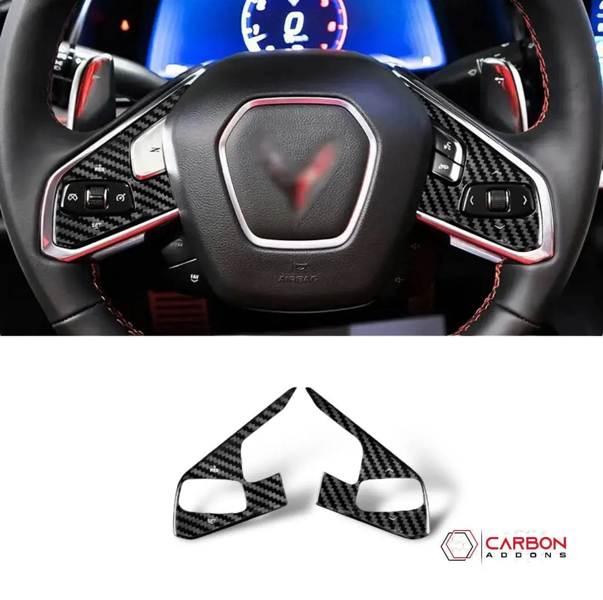 C8 Corvette Real Carbon Fiber Steering Wheel Button Trim Covers | Interior Overlay (2020–2026)