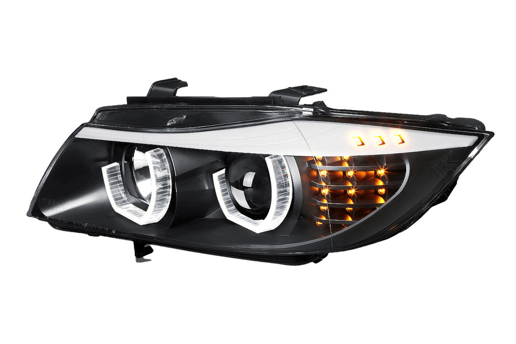 BMW 3-Series E90 Black 3D LED Halo Headlights - Blue