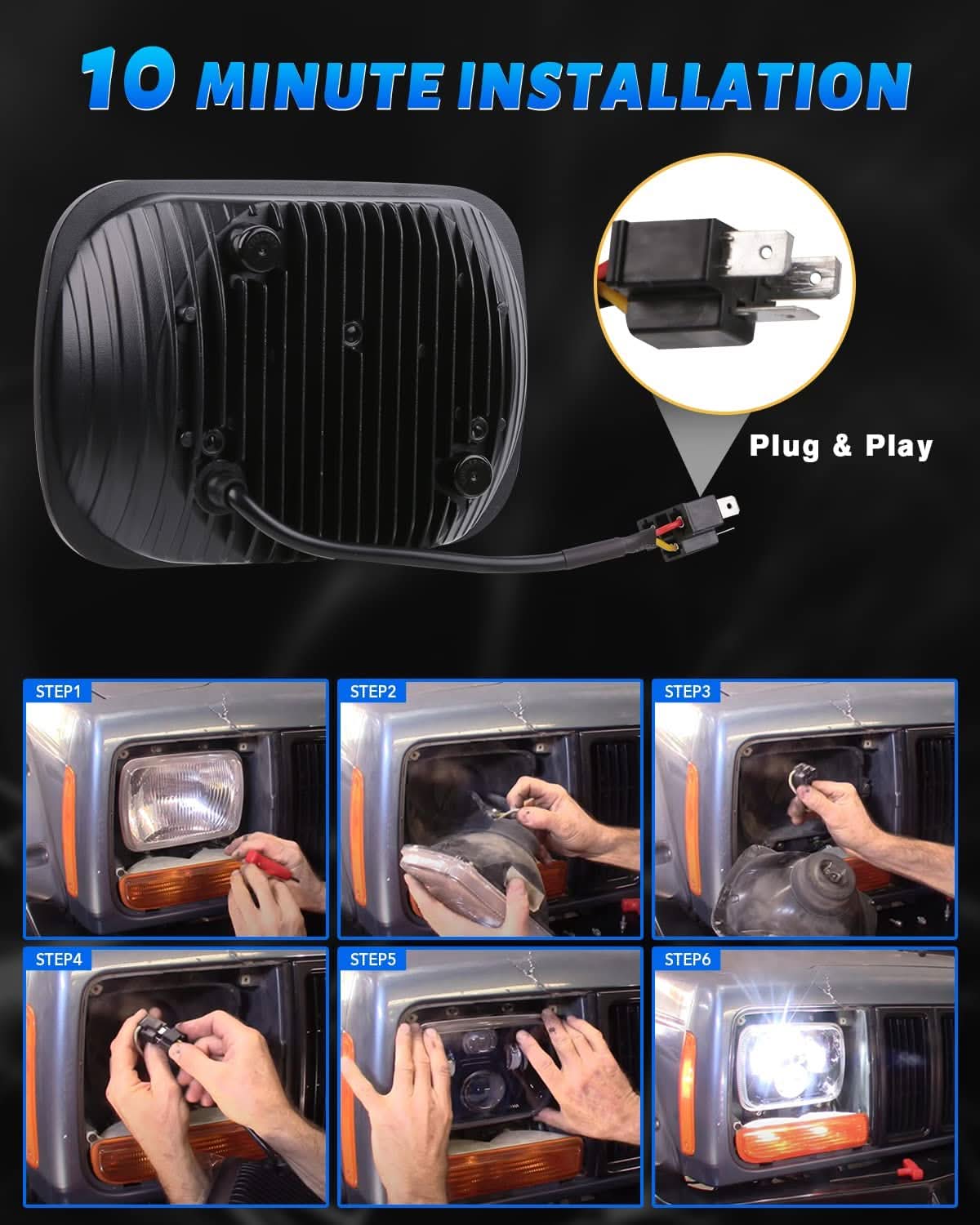 7x6 5x7 H6054 LED Headlights H6054 High Low Sealed Beam DOT 110W 8400lm Compatible with Jeep Cherokee XJ Wrangler YJ Comanche MJ GMC Savana Safari Ford Replacement Black