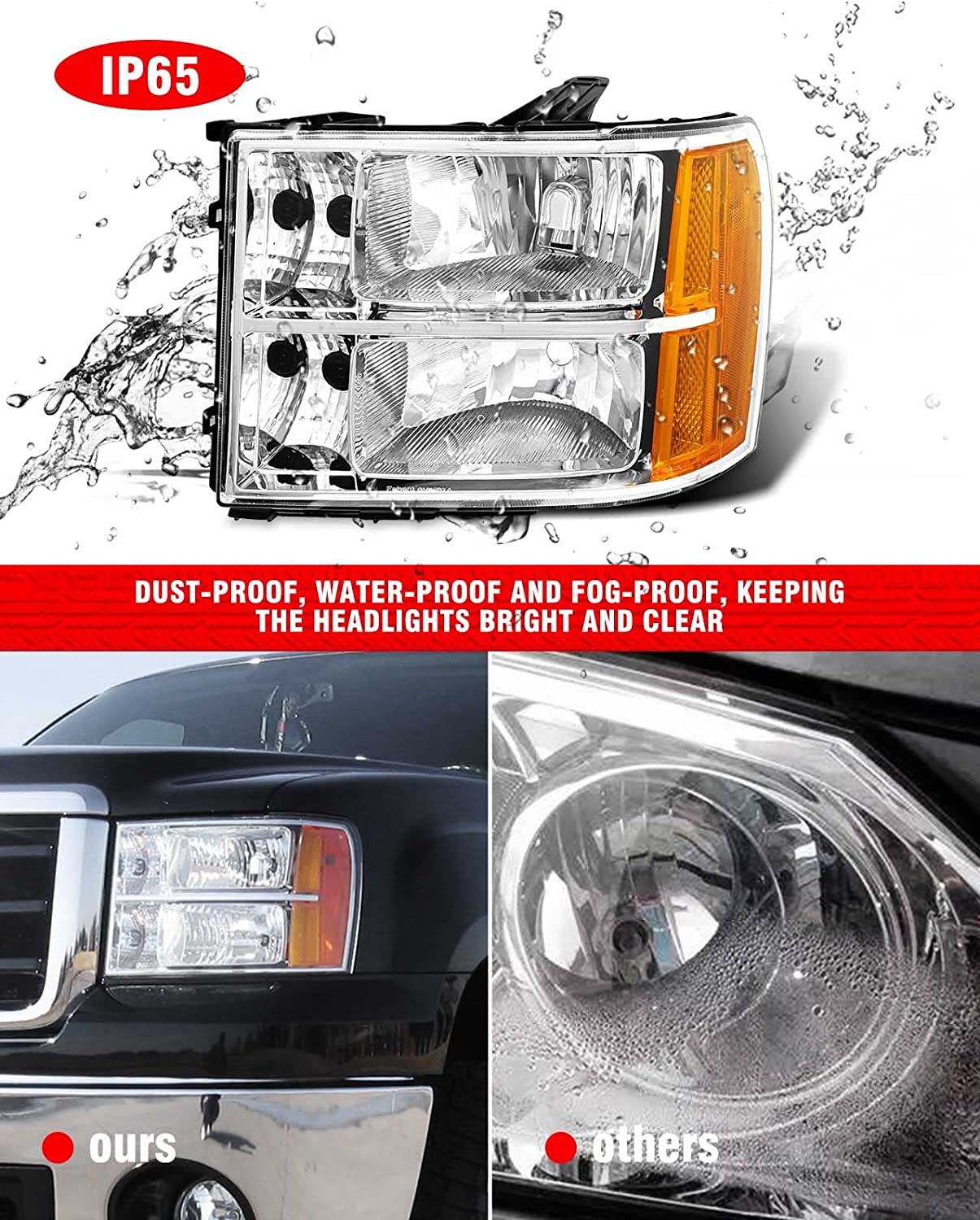2007-2014 Sierra Headlight Assembly Compatible With Gmc 1500 0714 2500hd 3500hd Chrome Housing Amber Reflector Replacement Left And Right