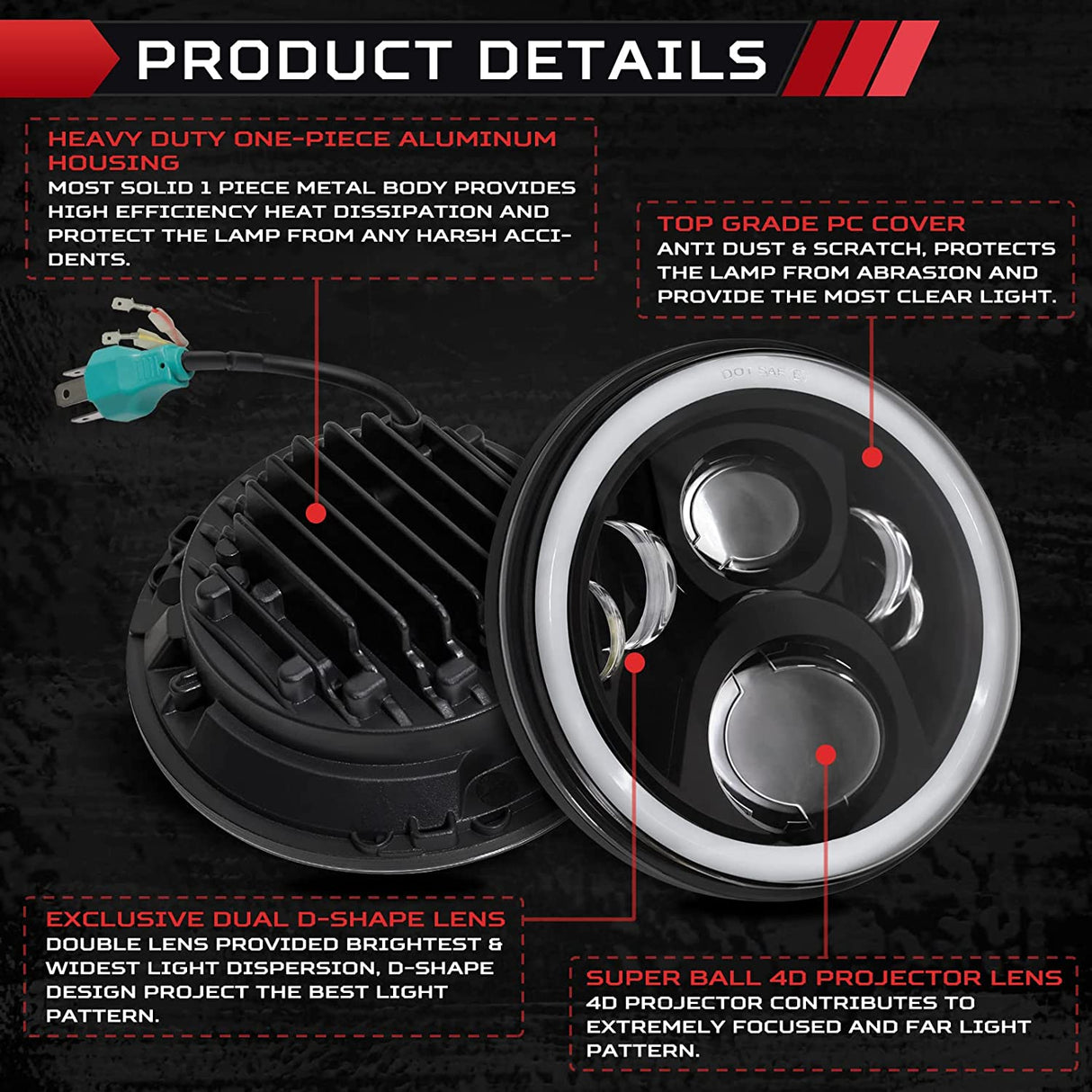 Haitzu 7 Inch LED Round Black Hilo Sealed Beam Headlight Dot Approved Compatible With Jeep Wrangler Jk Hummer H1 H2halo Amber Turn Light Drl H6024 Replacementincluded H4h13 Adaptor 2 Pcs