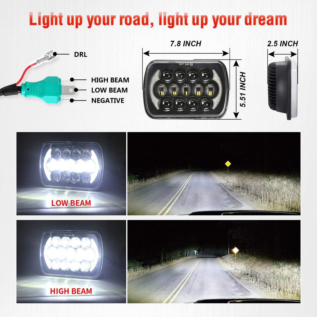 Lxlight Pair 5x7 6x7 High Low Beam LED Headlights Compatible With Jeep Wrangler Yj Cherokee Xj H6054 H6054ll 69822 6052 6053 Angel Eyes Drl Black 105w