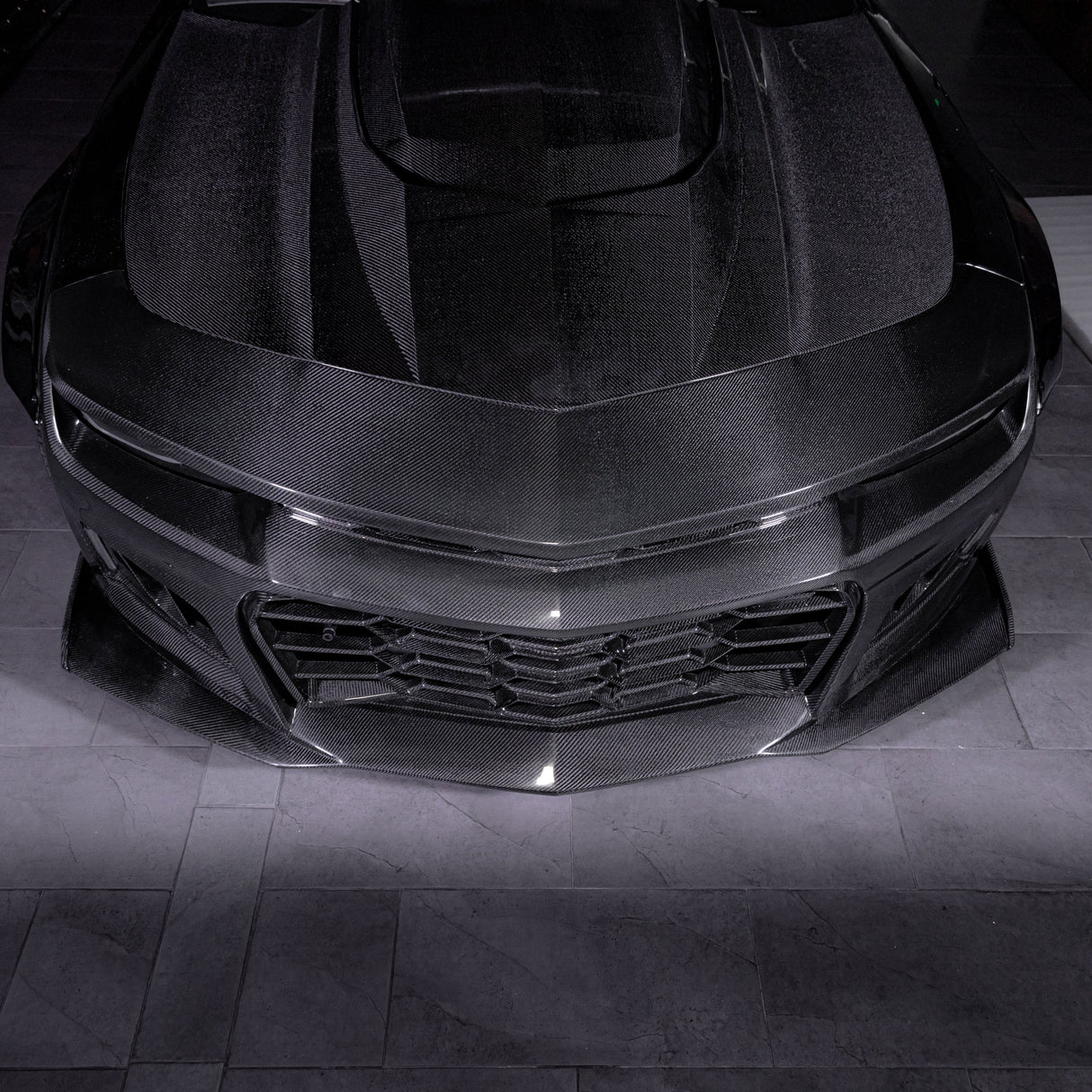 2010-2015 Chevy Camaro Black Panther 1PC Full Gloss Carbon Fiber Track Package Front Bumper Conversion