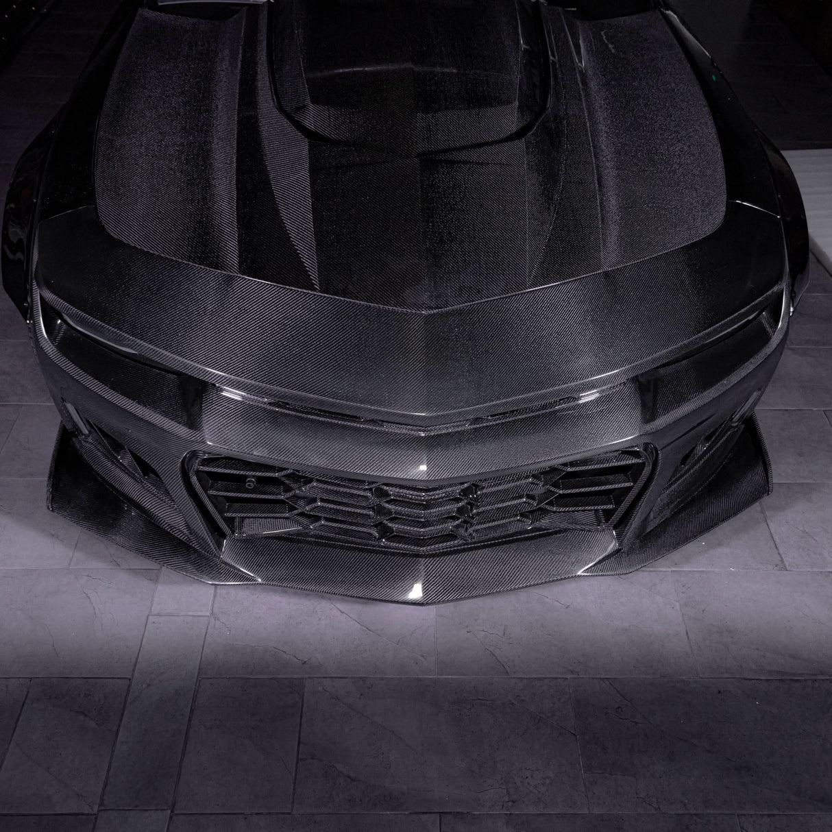 2010-2015 Chevy Camaro Black Panther 1PC Full Gloss Carbon Fiber Track Package Front Bumper Conversion