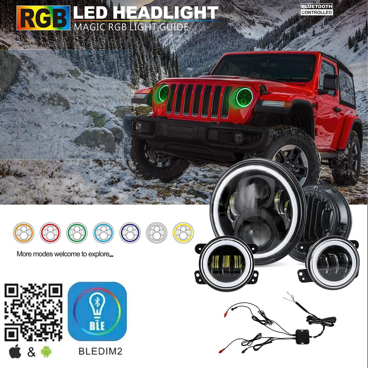 1997-2018 Jeep Wrangler 7 Inch RGB Halo Headlights And Fog Lights Bluetooth Color Control Dot Kits For 19972018 Jk Jku Tj Ljw Ring Drl Amber Turn Signal hi/lo Beam Multicolor