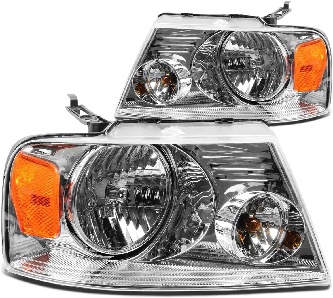 DNA MOTORING HL-OH-F1504-CH-AM Chrome Amber Headlights Replacement Compatible with 04-08 F-150/06-08 Mark LT
